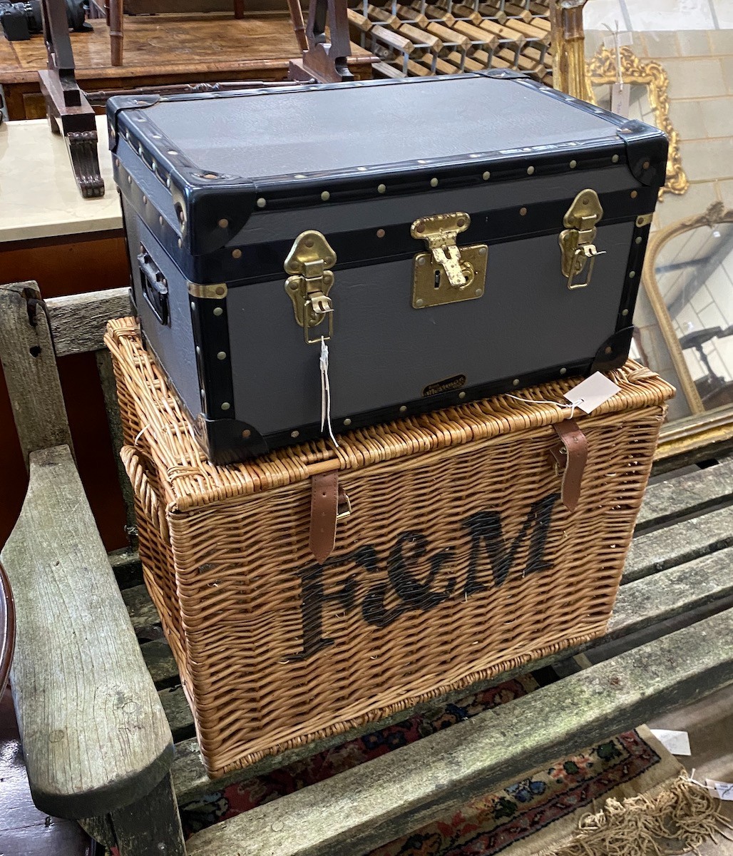 A Fortnum and Mason wicker hamper, width 58cm together with a smaller Mossman trunk